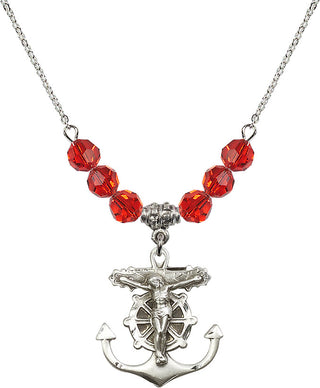 18" Rhodium Plated Necklace with 4mm Ruby Crystal Beads featuring a Sterling Silver Anchor Crucifix Medal.