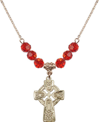 18" Hamilton Gold Plated Necklace with 4mm Ruby Crystal Beads featuring a 14kt Gold Filled Celtic Cross Medal.