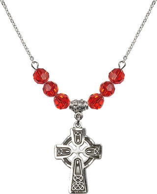 18" Rhodium Plated Necklace with 4mm Ruby Crystal Beads featuring a Sterling Silver Celtic Cross Medal.