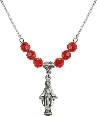 18" Rhodium Plated Necklace with 4mm Ruby Crystal Beads featuring a Sterling Silver Miraculous Medal.