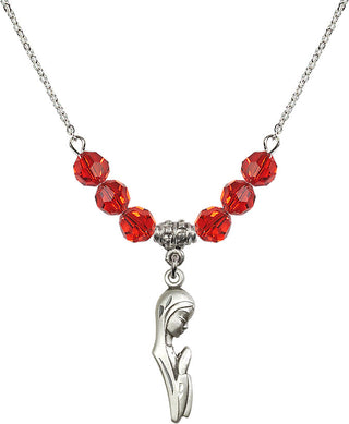 18" Rhodium Plated Necklace with 4mm Ruby Crystal Beads featuring a Sterling Silver Madonna Medal.