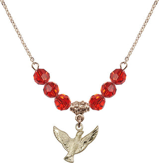 18" Hamilton Gold Plated Necklace with 4mm Ruby Crystal Beads featuring a 14kt Gold Filled Holy Spirit Medal.