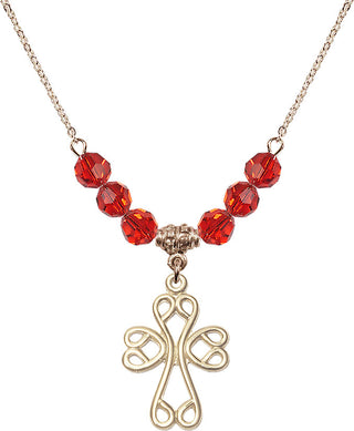 18" Hamilton Gold Plated Necklace with 4mm Ruby Crystal Beads featuring a 14kt Gold Filled Scroll Cross Medal.