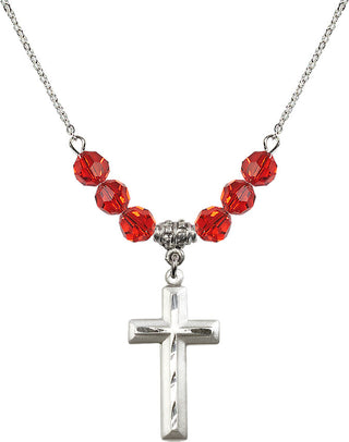 18" Rhodium Plated Necklace with 4mm Ruby Crystal Beads featuring a Sterling Silver Cross Medal. Engraved Catholic Saint Jewelry