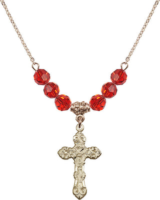18" Hamilton Gold Plated Necklace with 4mm Ruby Crystal Beads featuring a 14kt Gold Filled Cross Medal. Engraved Catholic Saint Jewelry