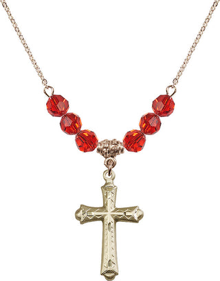 18" Hamilton Gold Plated Necklace with 4mm Ruby Crystal Beads featuring a 14kt Gold Filled Cross Medal. Engraved Catholic Saint Jewelry