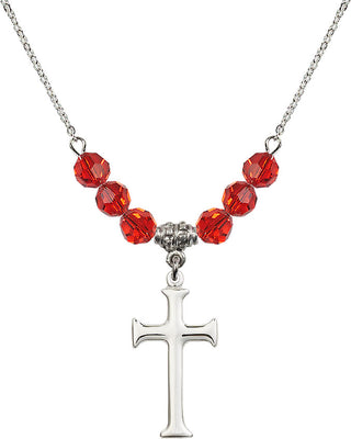18" Rhodium Plated Necklace with 4mm Ruby Crystal Beads featuring a Sterling Silver Cross Medal. Engraved Catholic Saint Jewelry