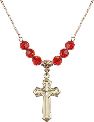 18" Hamilton Gold Plated Necklace with 4mm Ruby Crystal Beads featuring a 14kt Gold Filled Cross Medal. Engraved Catholic Saint Jewelry