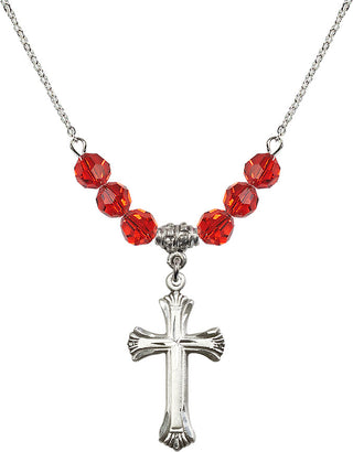 18" Rhodium Plated Necklace with 4mm Ruby Crystal Beads featuring a Sterling Silver Cross Medal. Engraved Catholic Saint Jewelry