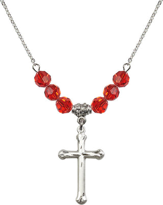 18" Rhodium Plated Necklace with 4mm Ruby Crystal Beads featuring a Sterling Silver Cross Medal. Engraved Catholic Saint Jewelry