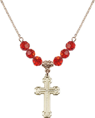 18" Hamilton Gold Plated Necklace with 4mm Ruby Crystal Beads featuring a 14kt Gold Filled Cross Medal.