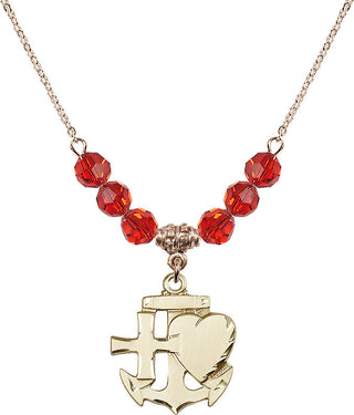 18" Hamilton Gold Plated Necklace with 4mm Ruby Crystal Beads featuring a 14kt Gold Filled Faith, Hope & Charity Medal.