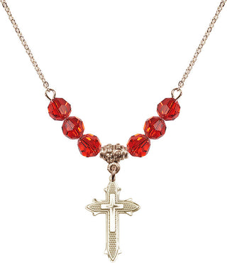 18" Hamilton Gold Plated Necklace with 4mm Ruby Crystal Beads featuring a 14kt Gold Filled Cross on Cross Medal. Engraved Catholic Saint Jewelry