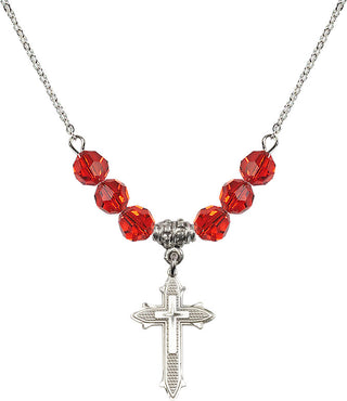 18" Rhodium Plated Necklace with 4mm Ruby Crystal Beads featuring a Sterling Silver Cross on Cross Medal. Engraved Catholic Saint Jewelry