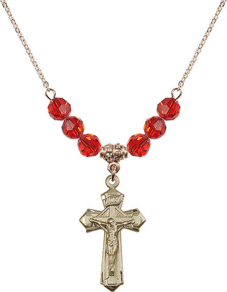 18" Hamilton Gold Plated Necklace with 4mm Ruby Crystal Beads featuring a 14kt Gold Filled Crucifix Medal.