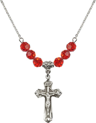 18" Rhodium Plated Necklace with 4mm Ruby Crystal Beads featuring a Sterling Silver Crucifix Medal.
