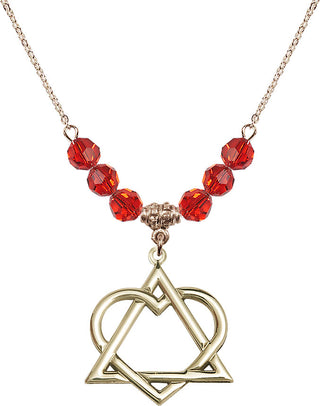 18" Hamilton Gold Plated Necklace with 4mm Ruby Crystal Beads featuring a 14kt Gold Filled Adoption Heart Medal.