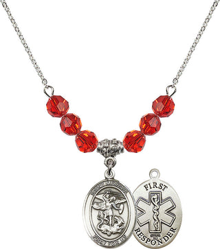 18" Rhodium Plated Necklace with 4mm Ruby Crystal Beads featuring a Sterling Silver Saint Michael/1St Responder Medal.