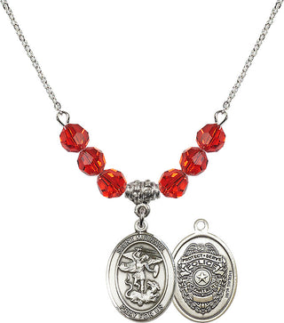 18" Rhodium Plated Necklace with 4mm Ruby Crystal Beads featuring a Sterling Silver Saint Michael the Archangel Medal.