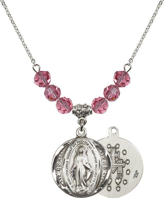 18" Rhodium Plated Necklace with 4mm Rose Crystal Beads featuring a Sterling Silver Miraculous Medal.