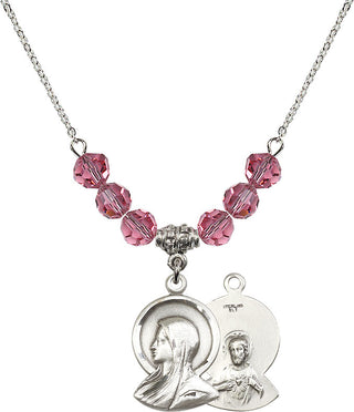 18" Rhodium Plated Necklace with 4mm Rose Crystal Beads featuring a Sterling Silver Madonna Medal.
