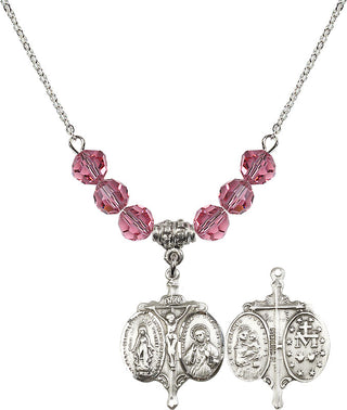 18" Rhodium Plated Necklace with 4mm Rose Crystal Beads featuring a Sterling Silver Novena Medal.
