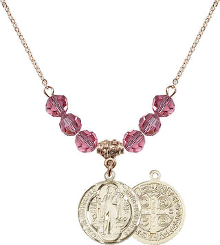 18" Hamilton Gold Plated Necklace with 4mm Rose Crystal Beads featuring a 14kt Gold Filled Saint Benedict Medal.
