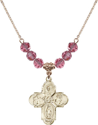 18" Hamilton Gold Plated Necklace with 4mm Rose Crystal Beads featuring a 14kt Gold Filled 4-Way Medal.