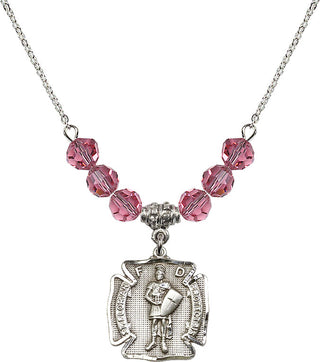 18" Rhodium Plated Necklace with 4mm Rose Crystal Beads featuring a Sterling Silver Saint Florian Medal. Engraved Catholic Saint Jewelry