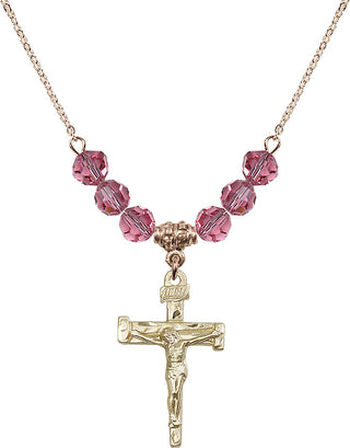 18" Hamilton Gold Plated Necklace with 4mm Rose Crystal Beads featuring a 14kt Gold Filled Nail Crucifix Medal.