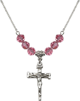 18" Rhodium Plated Necklace with 4mm Rose Crystal Beads featuring a Sterling Silver Nail Crucifix Medal.