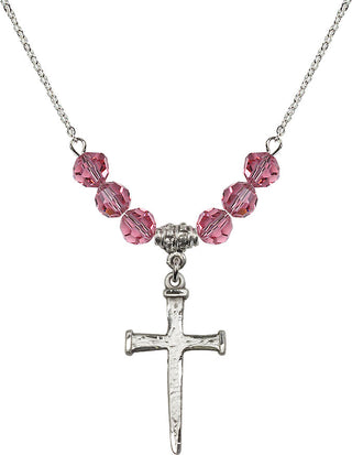 18" Rhodium Plated Necklace with 4mm Rose Crystal Beads featuring a Sterling Silver Nail Cross Medal.