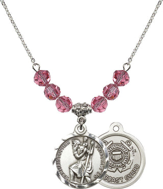18" Rhodium Plated Necklace with 4mm Rose Crystal Beads featuring a Sterling Silver Saint Christopher / Coast Guard Medal.