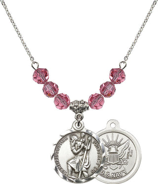 18" Rhodium Plated Necklace with 4mm Rose Crystal Beads featuring a Sterling Silver Saint Christopher / Navy Medal.