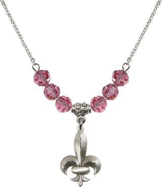 18" Rhodium Plated Necklace with 4mm Rose Crystal Beads featuring a Sterling Silver Fleur de Lis Medal.