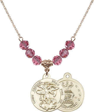 18" Hamilton Gold Plated Necklace with 4mm Rose Crystal Beads featuring a 14kt Gold Filled Saint Michael / Air Force Medal.