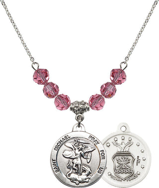 18" Rhodium Plated Necklace with 4mm Rose Crystal Beads featuring a Sterling Silver Saint Michael / Air Force Medal.