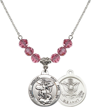 18" Rhodium Plated Necklace with 4mm Rose Crystal Beads featuring a Sterling Silver Saint Michael / Army Medal.