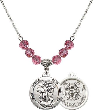 18" Rhodium Plated Necklace with 4mm Rose Crystal Beads featuring a Sterling Silver Saint Michael / Coast Guard Medal.