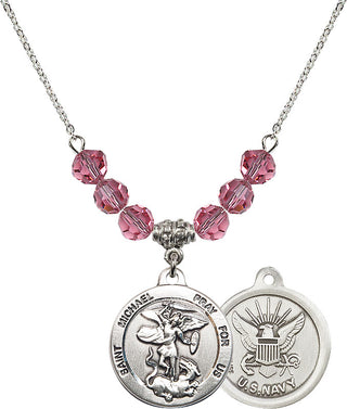 18" Rhodium Plated Necklace with 4mm Rose Crystal Beads featuring a Sterling Silver Saint Michael / Navy Medal.