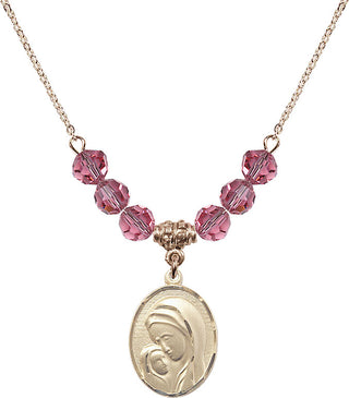 18" Hamilton Gold Plated Necklace with 4mm Rose Crystal Beads featuring a 14kt Gold Filled Madonna & Child Medal.