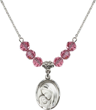 18" Rhodium Plated Necklace with 4mm Rose Crystal Beads featuring a Sterling Silver Madonna & Child Medal.