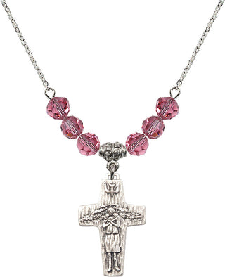 18" Rhodium Plated Necklace with 4mm Rose Crystal Beads featuring a Sterling Silver Papal Crucifix Medal.