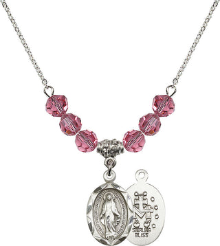 18" Rhodium Plated Necklace with 4mm Rose Crystal Beads featuring a Sterling Silver Miraculous Medal.