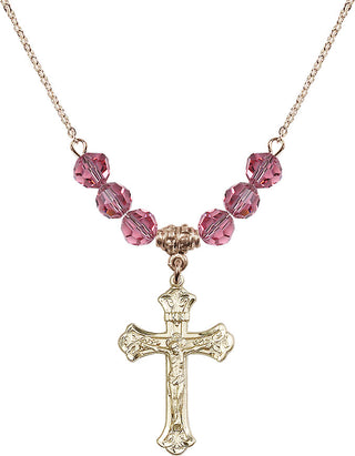 18" Hamilton Gold Plated Necklace with 4mm Rose Crystal Beads featuring a 14kt Gold Filled Crucifix Medal.
