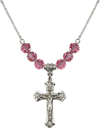 18" Rhodium Plated Necklace with 4mm Rose Crystal Beads featuring a Sterling Silver Crucifix Medal.