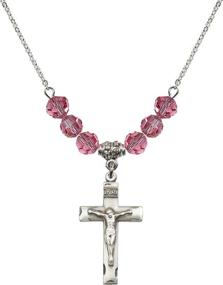 18" Rhodium Plated Necklace with 4mm Rose Crystal Beads featuring a Sterling Silver Crucifix Medal.