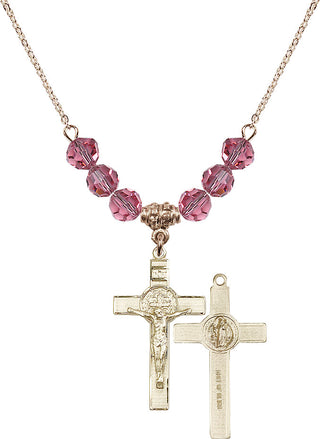 18" Hamilton Gold Plated Necklace with 4mm Rose Crystal Beads featuring a 14kt Gold Filled Saint Benedict Crucifix Medal.
