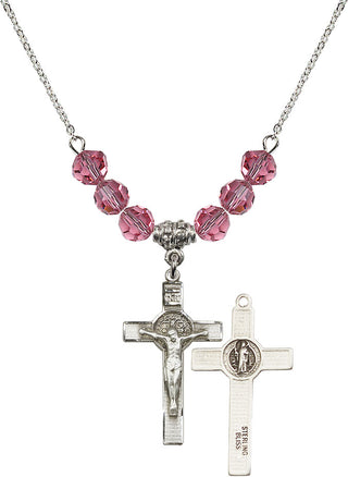 18" Rhodium Plated Necklace with 4mm Rose Crystal Beads featuring a Sterling Silver Saint Benedict Crucifix Medal.