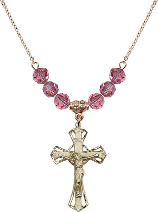 18" Hamilton Gold Plated Necklace with 4mm Rose Crystal Beads featuring a 14kt Gold Filled Crucifix Medal.